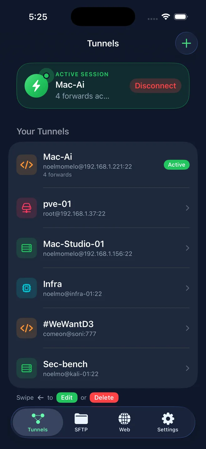 EasyTunnel Tunnels dashboard showing saved tunnels and a live session