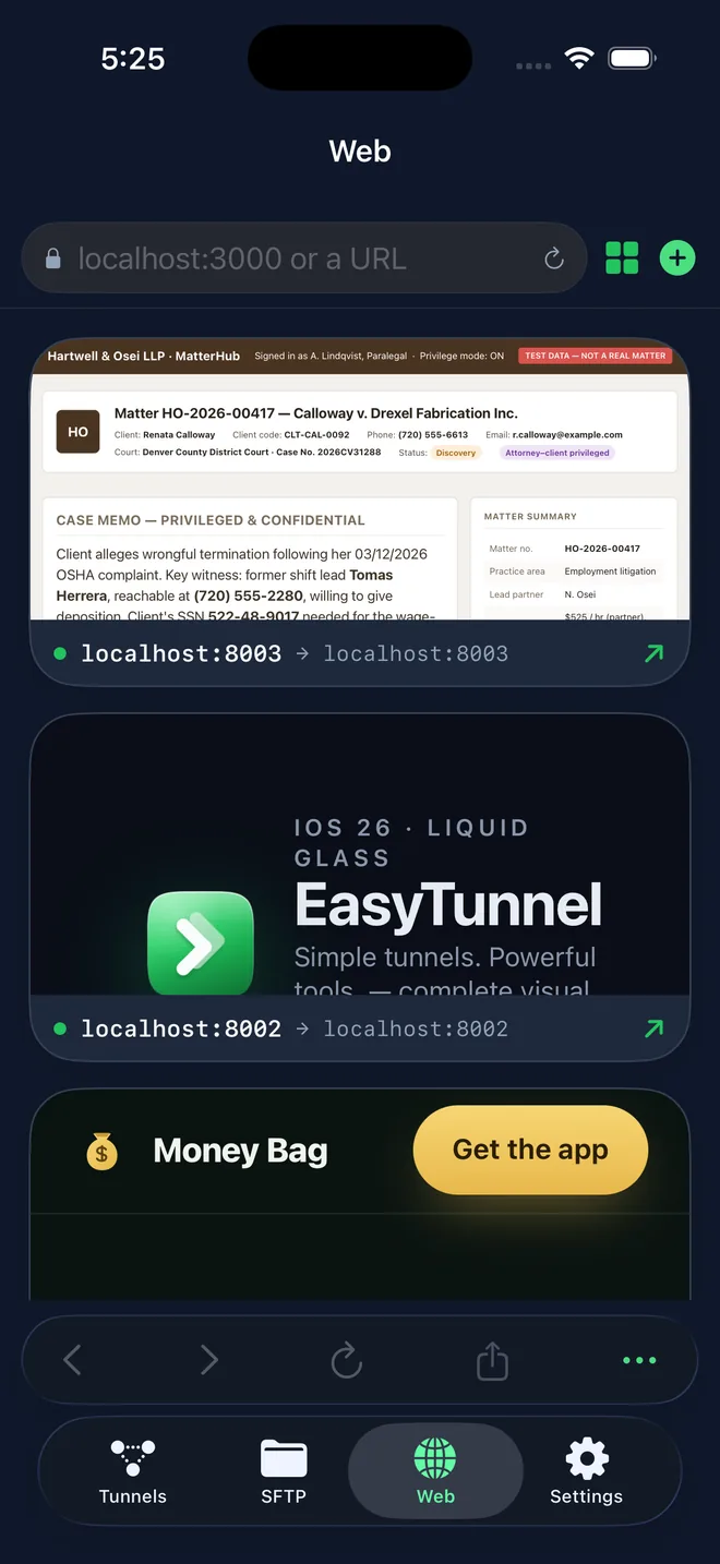 Forwarded web apps open in EasyTunnel's in-app browser